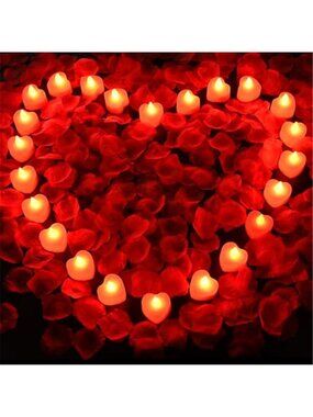 Red Rose Petals 2000 Artificial Flowers 24 LED Heart Candles Wedding Valentines